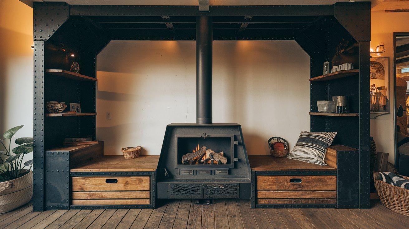 Black Steel Fireplace with Seating