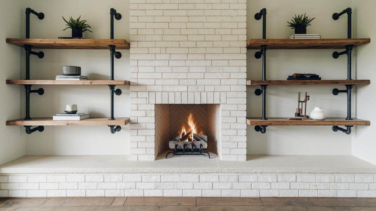 Industrial Fireplace with Metal Shelves