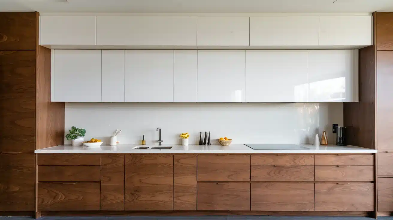 Modern Flat-Panel White and Walnut Cabinets