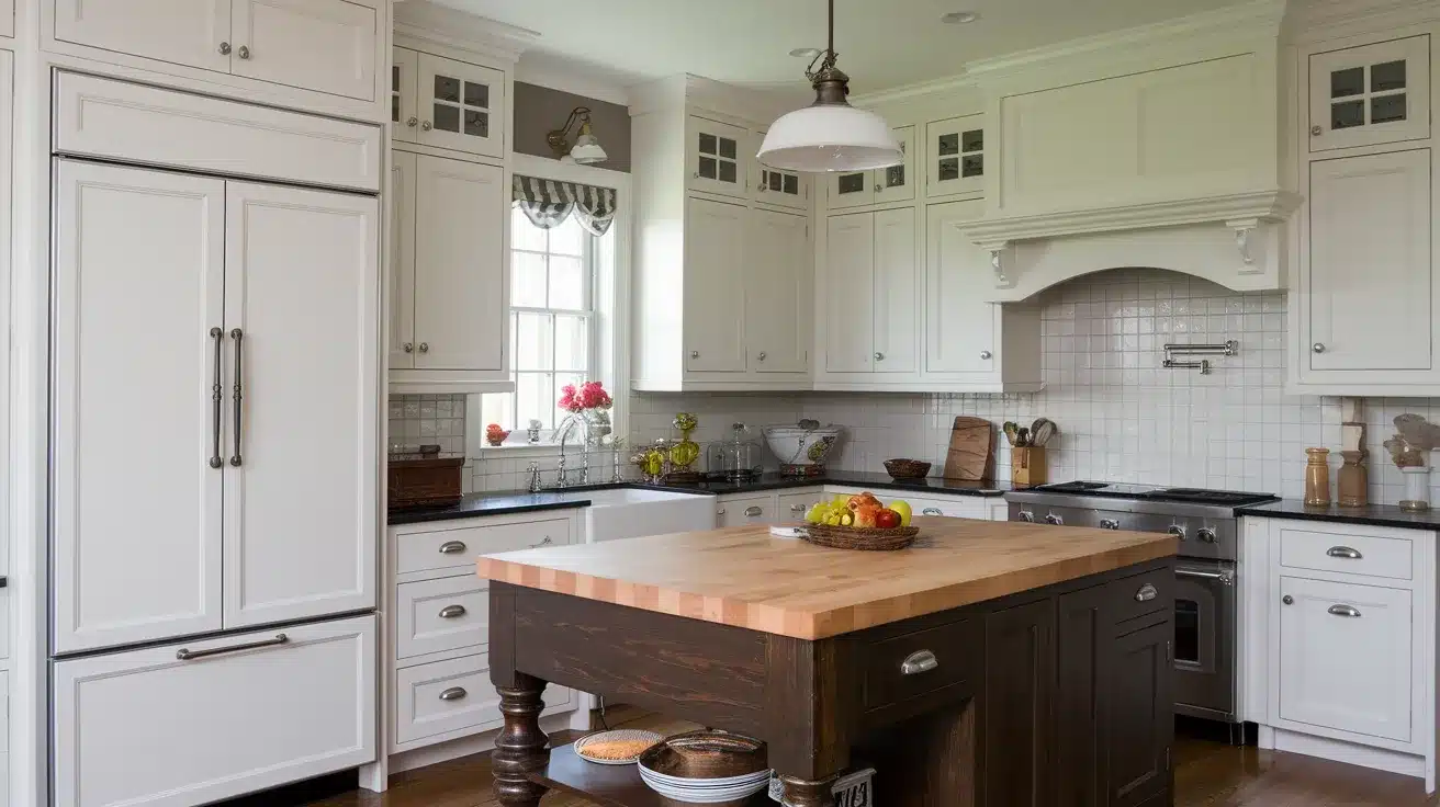 Shaker-Style White Cabinets With Dark Wood Island
