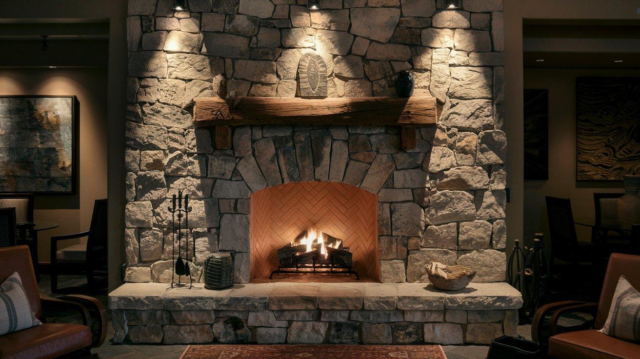 Stone Fireplace with Lighting