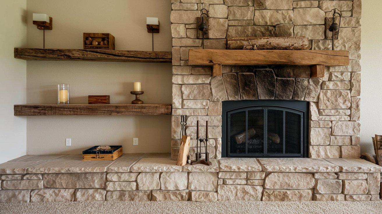 Stone Fireplace with Wood Shelves
