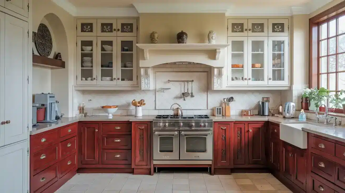 Two-Tone Cabinets with White Uppers and Cherry Wood Lowers
