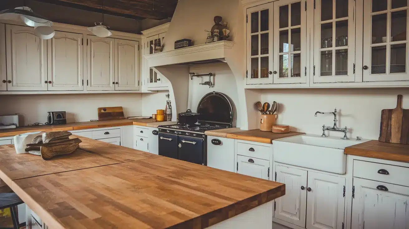 White Cabinets and Butcher Block Countertops