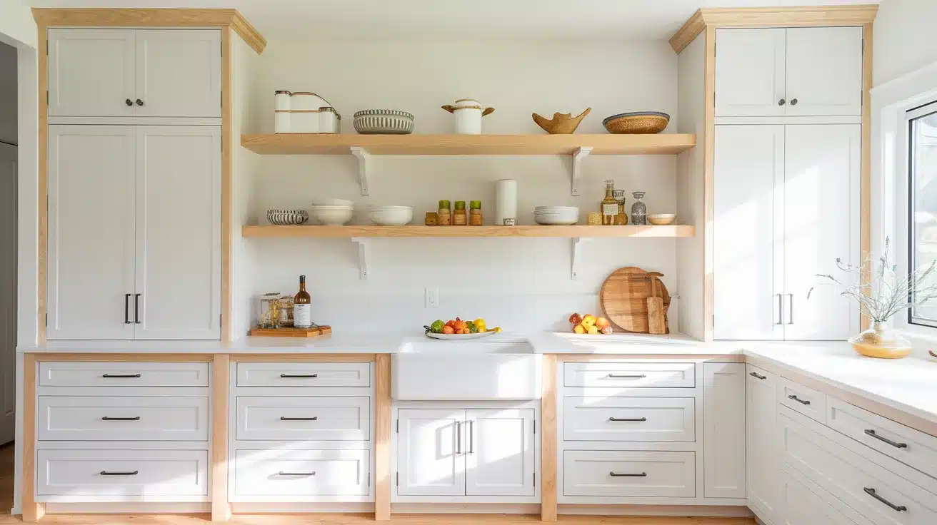 White Cabinets with Light Oak Accents