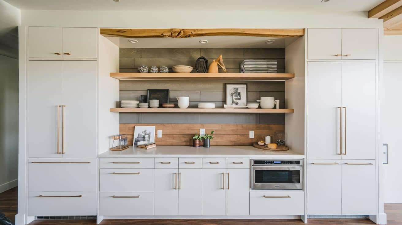 White Cabinets with Wood-Lined Open Shelving