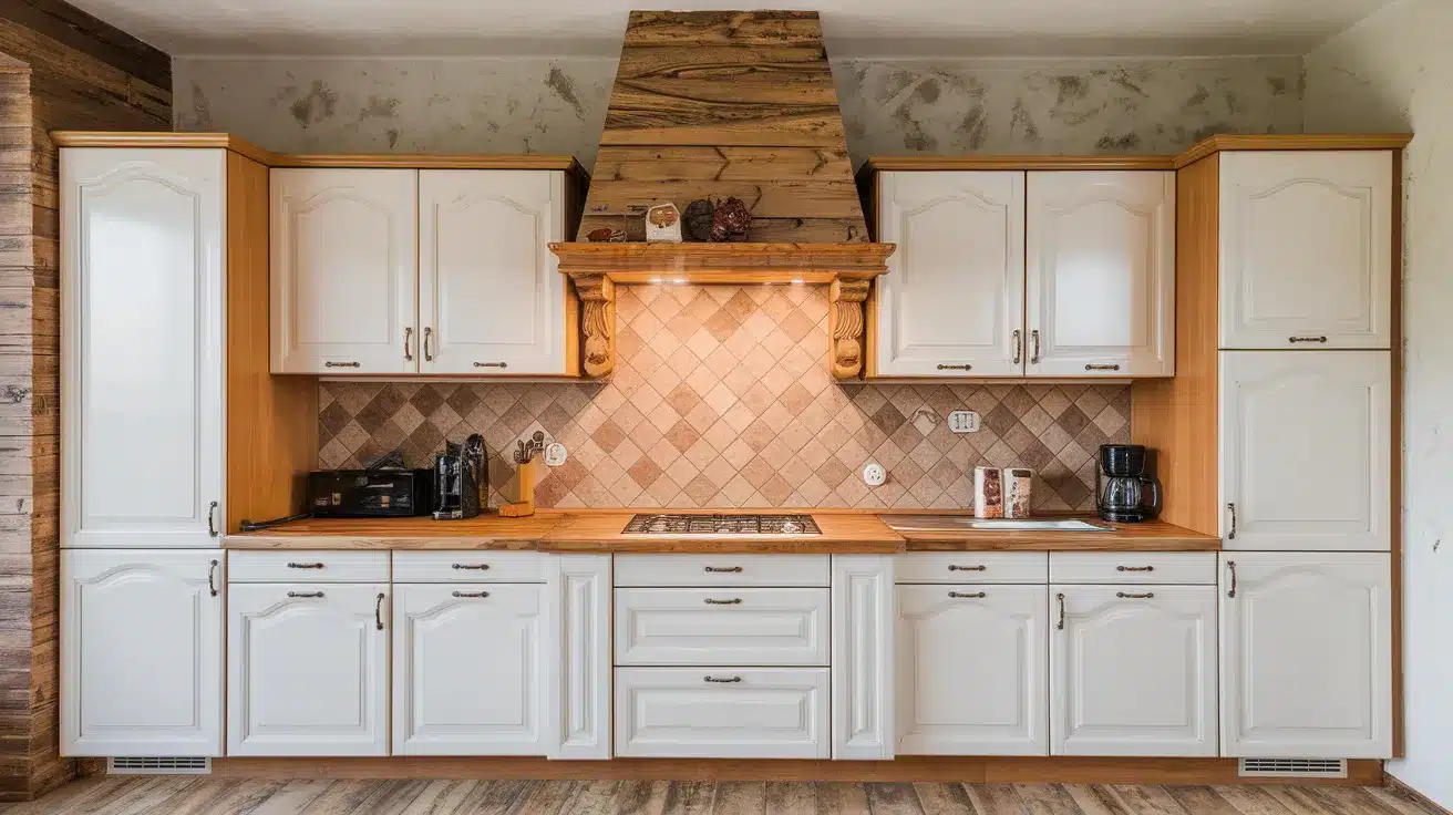White Cabinets with Wood Accented Backsplash