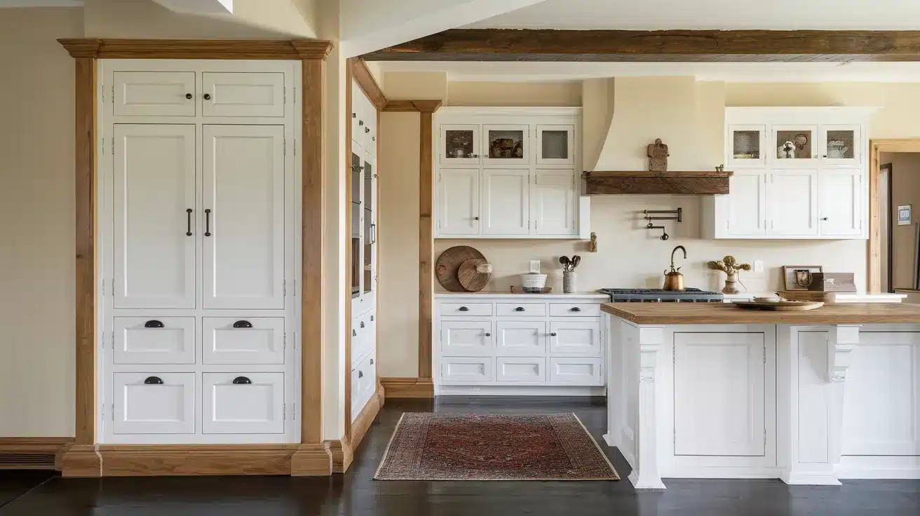 White Cabinets with Wood Accented Baseboards