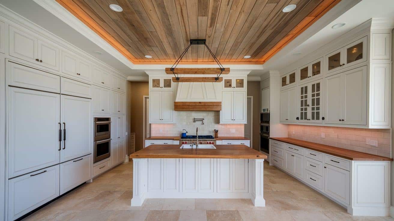 White Cabinets with Wood Accented Ceiling