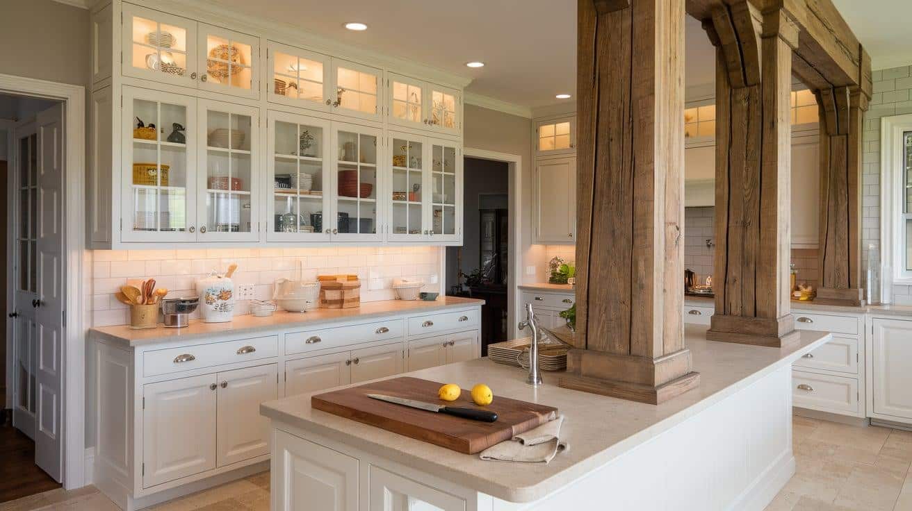 White Cabinets with Wood Accented Columns