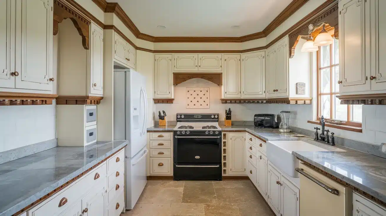 White Cabinets with Wood Accented Cornices