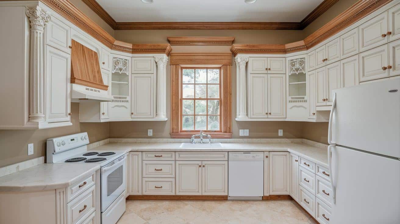 White Cabinets with Wood Accented Crown Molding