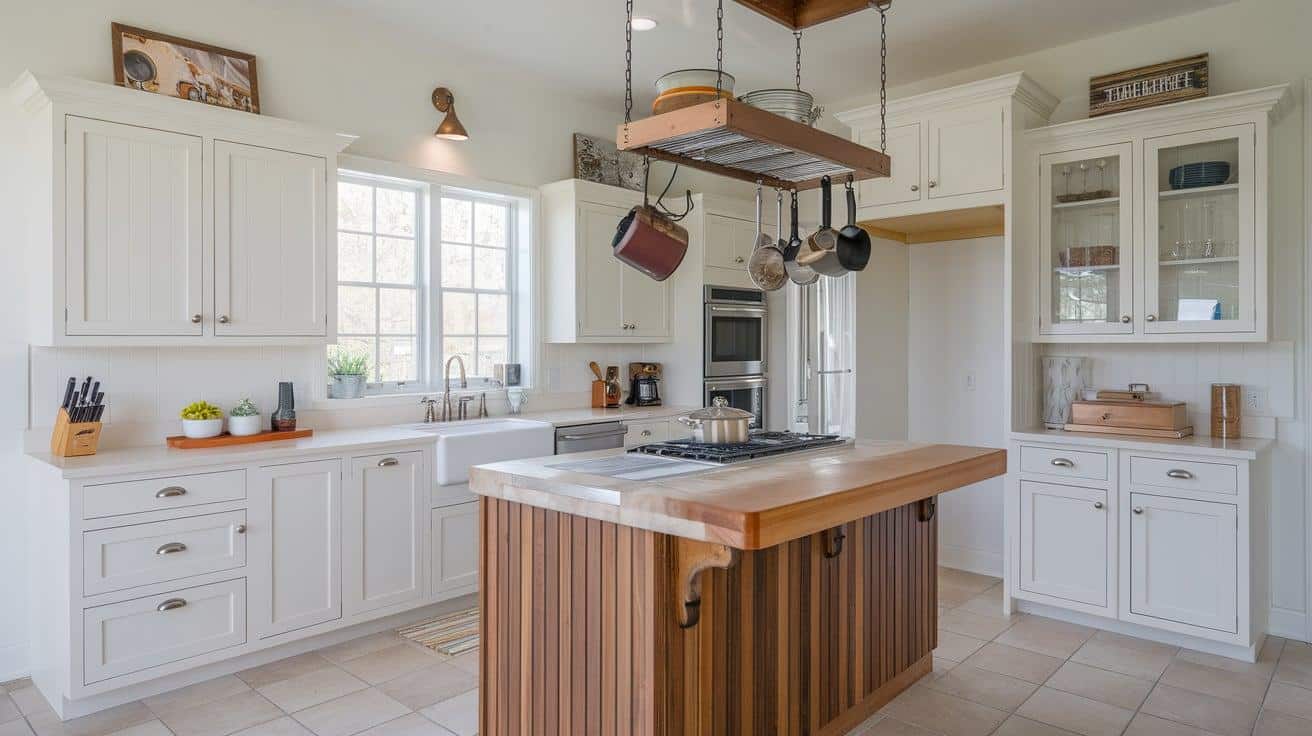 White Cabinets with Wood Accented Island