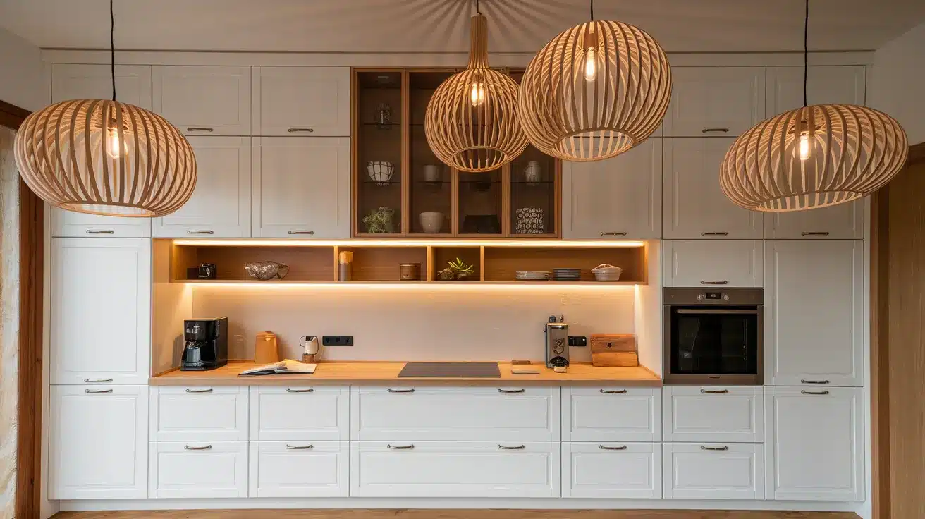 White Cabinets with Wood Accented Light Fixtures