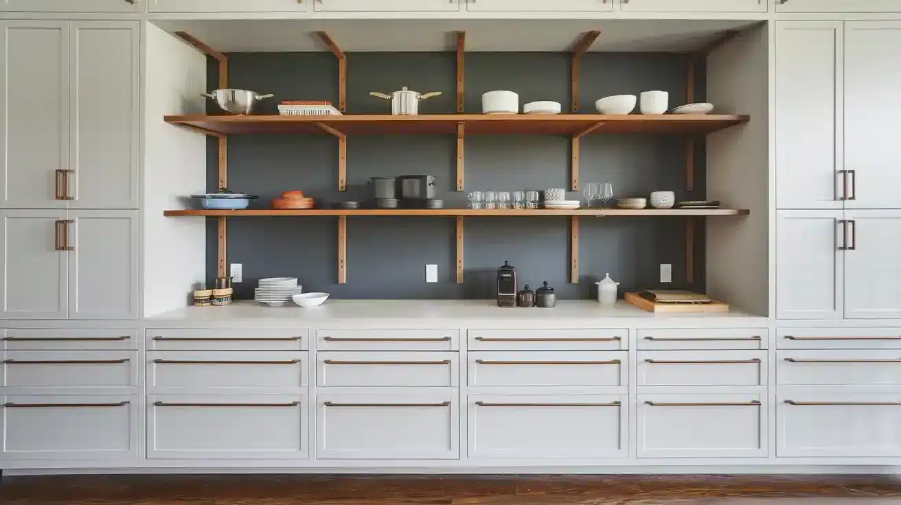 White Cabinets with Wood Accented Open Shelves