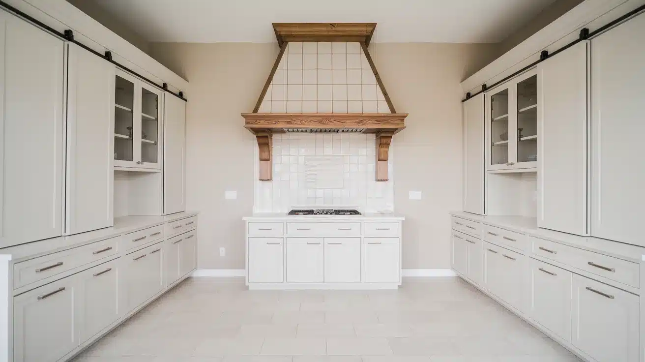 White Cabinets with Wood Accented Range Hood