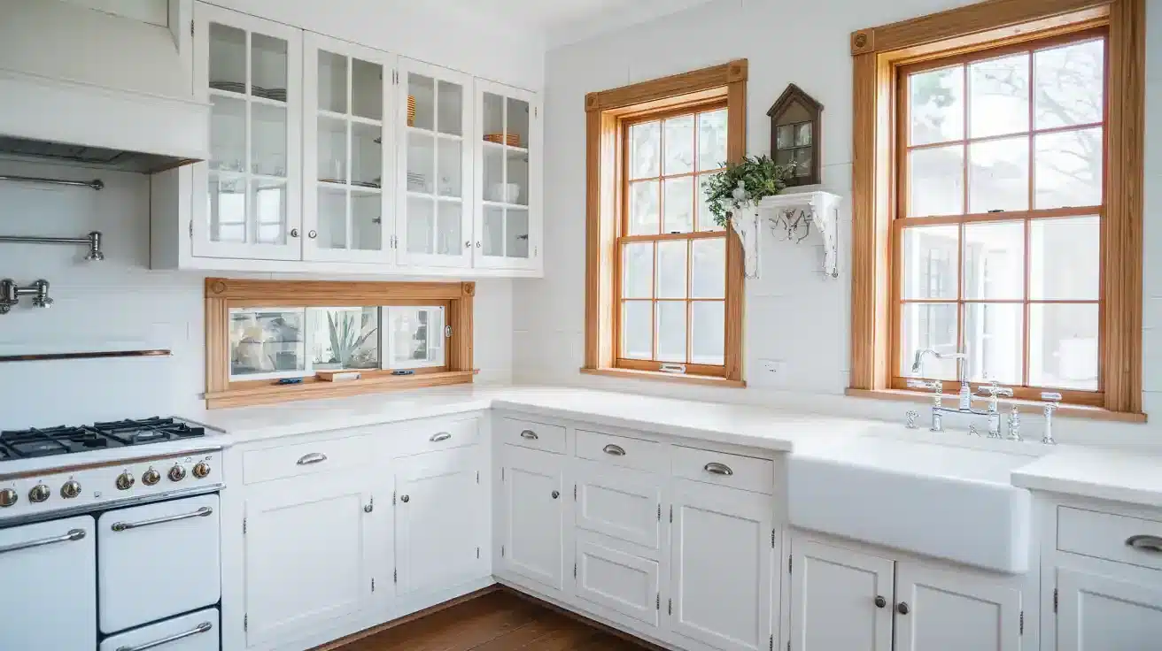 White Cabinets with Wood Accented Window Frames