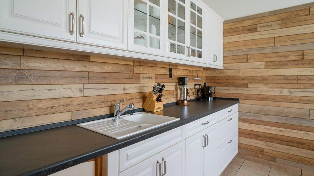 White Cabinets with Wood Backsplash