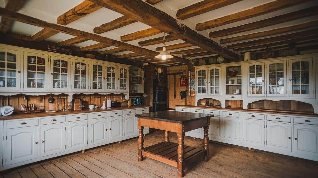 White Cabinets with Wood Ceiling Beams
