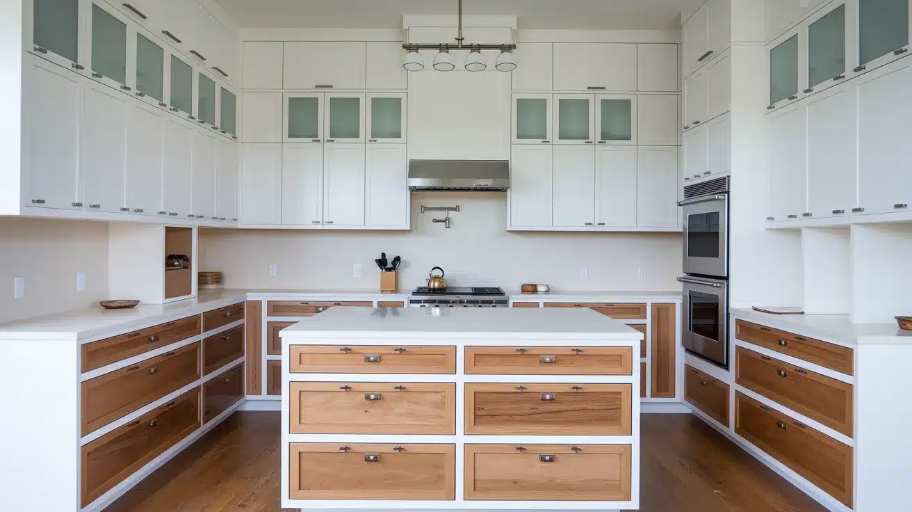 White Cabinets with Wood Drawer Fronts