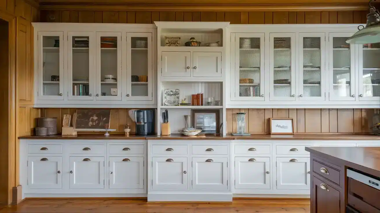White Cabinets with Wood Paneling on Walls