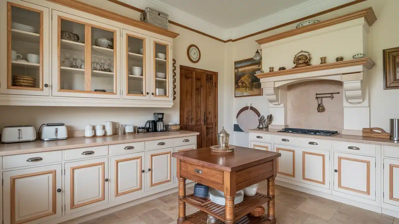 White Cabinets with Wood Trim Detailing