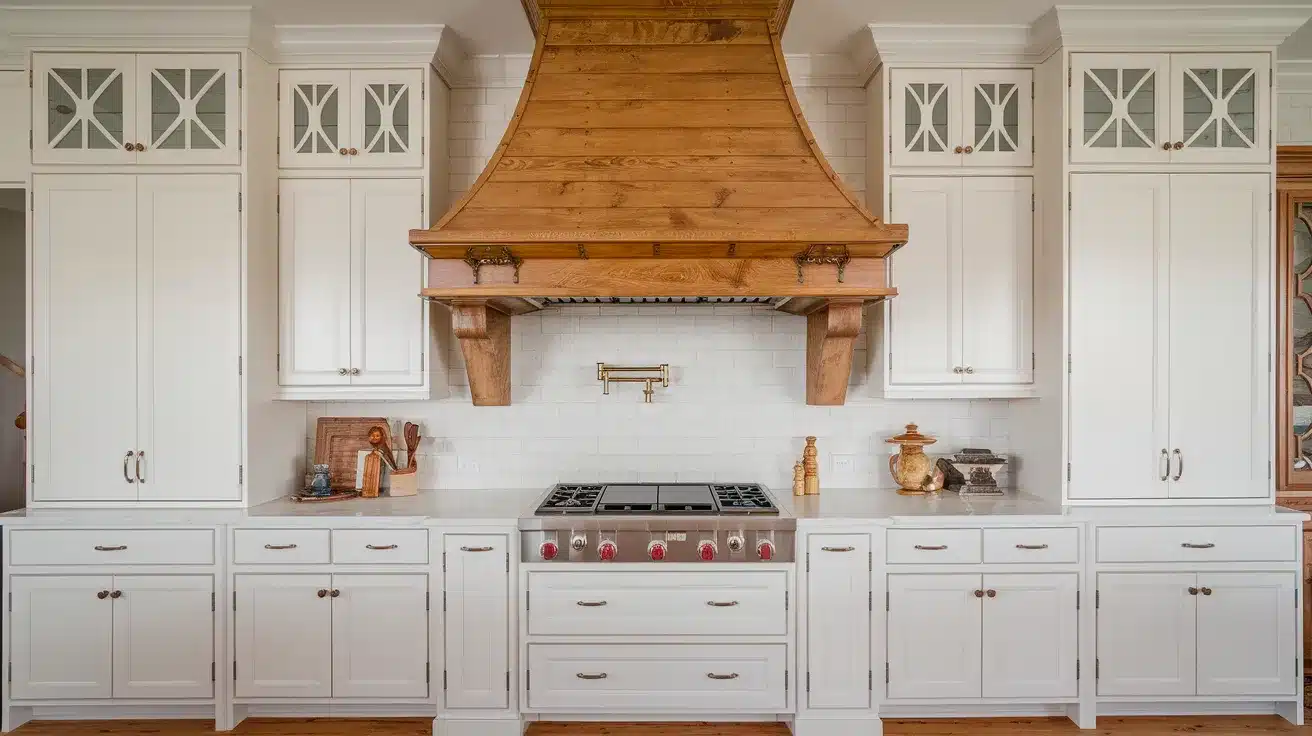 White Cabinets with Wooden Vent Hood